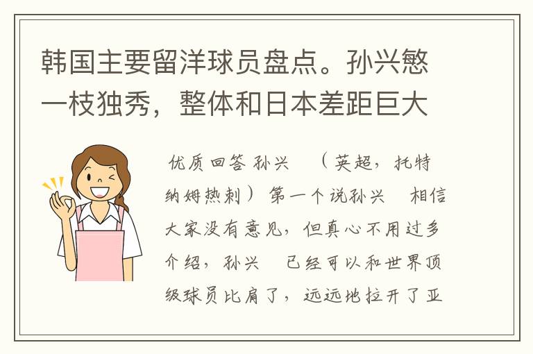 韩国主要留洋球员盘点。孙兴慜一枝独秀,整体和日本差距巨大