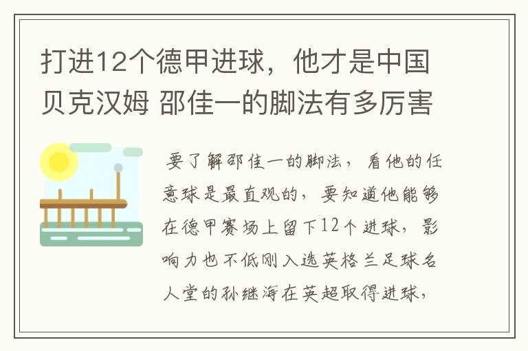 打进12个德甲进球,他才是中国贝克汉姆 邵佳一的脚法有多厉害