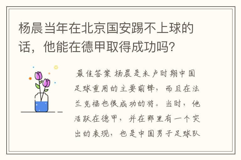 杨晨当年在北京国安踢不上球的话,他能在德甲取得成功吗?