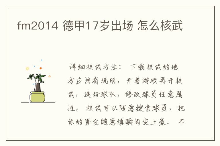 fm2014 德甲17岁出场 怎么核武