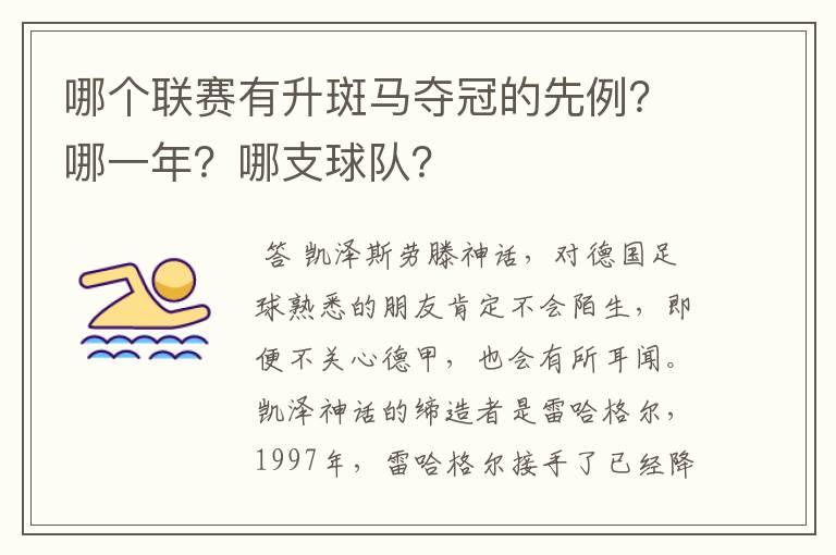哪个联赛有升斑马夺冠的先例?哪一年?哪支球队?