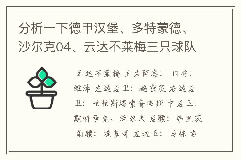分析一下德甲汉堡、多特蒙德、沙尔克04、云达不莱梅三只球队的人员打法和阵型