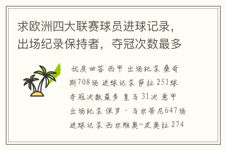 求欧洲四大联赛球员进球记录,出场纪录保持者,夺冠次数最多的球队。