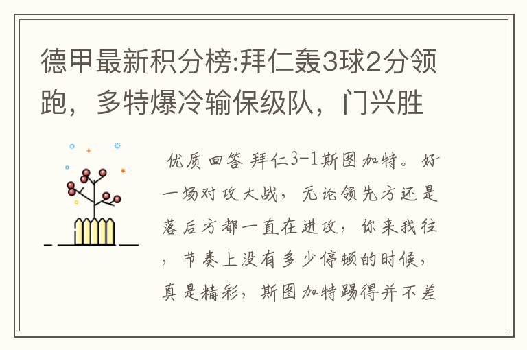 德甲最新积分榜:拜仁轰3球2分领跑,多特爆冷输保级队,门兴胜