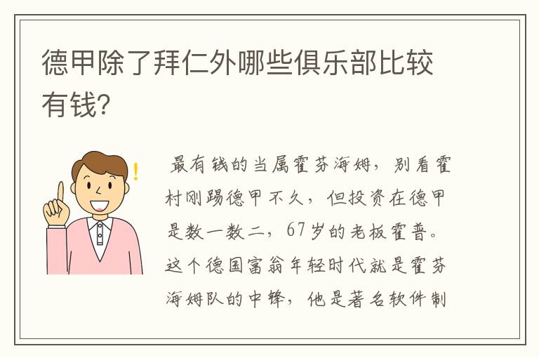德甲除了拜仁外哪些俱乐部比较有钱?