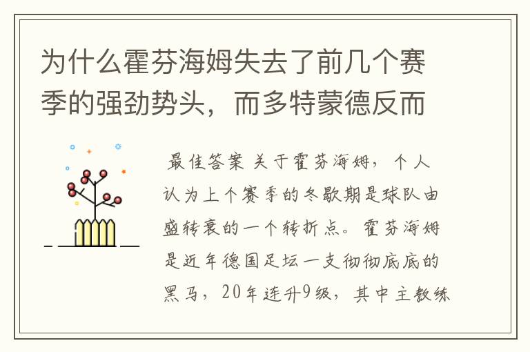 为什么霍芬海姆失去了前几个赛季的强劲势头,而多特蒙德反而成了一匹黑马,还夺得了冠军?