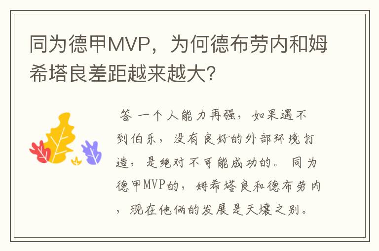 同为德甲MVP,为何德布劳内和姆希塔良差距越来越大?