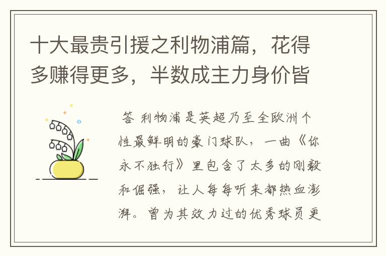 十大最贵引援之利物浦篇,花得多赚得更多,半数成主力身价皆破亿