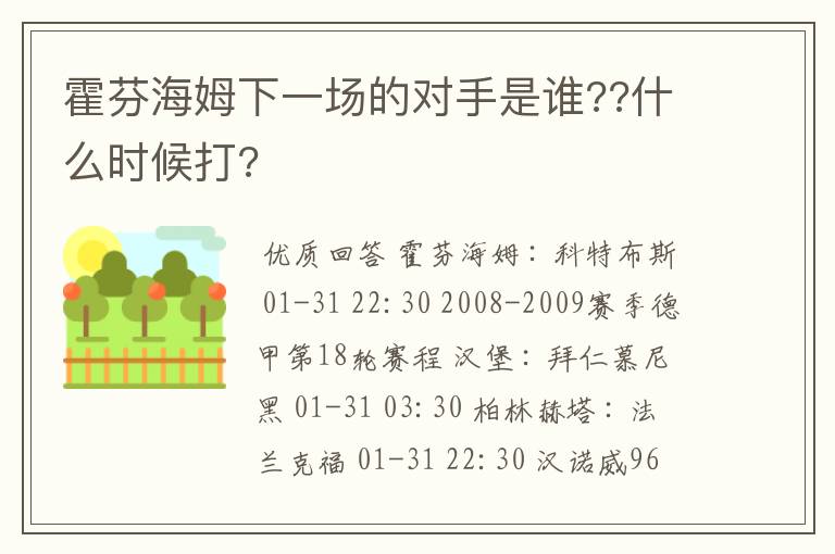 霍芬海姆下一场的对手是谁??什么时候打?