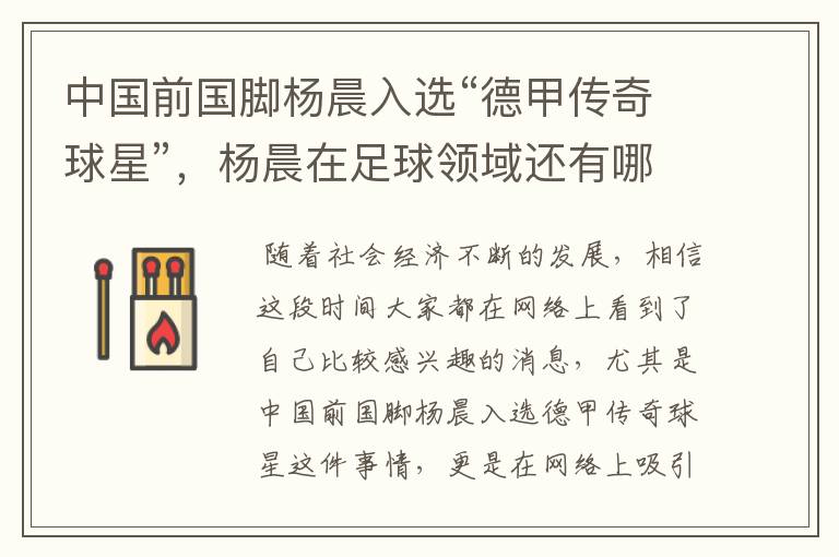 中国前国脚杨晨入选“德甲传奇球星”,杨晨在足球领域还有哪些成就?