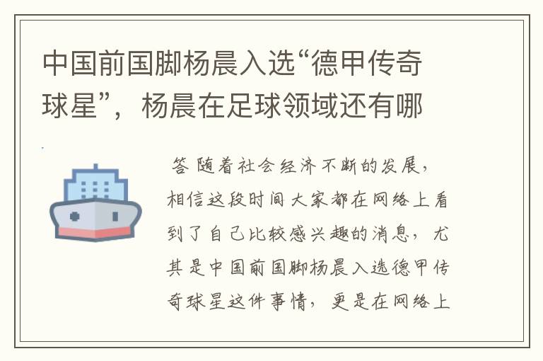 中国前国脚杨晨入选“德甲传奇球星”，杨晨在足球领域还有哪些成就？