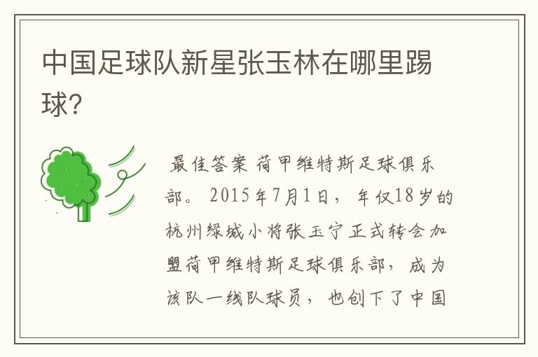 中国足球队新星张玉林在哪里踢球?