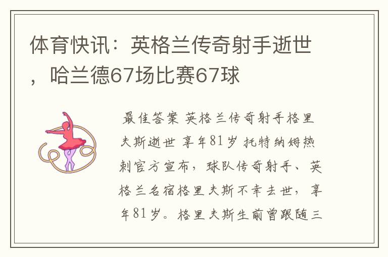 体育快讯:英格兰传奇射手逝世,哈兰德67场比赛67球