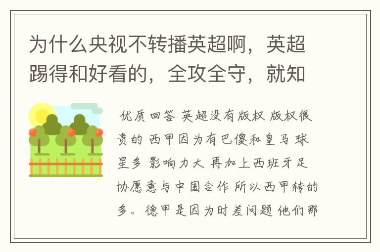 为什么央视不转播英超啊,英超踢得和好看的,全攻全守,就知道转西甲。郁闷的是德甲很少人看啊,转的最多