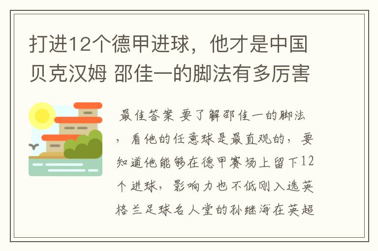 打进12个德甲进球,他才是中国贝克汉姆 邵佳一的脚法有多厉害