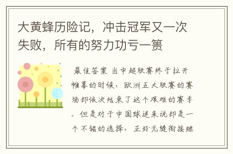 大黄蜂历险记,冲击冠军又一次失败,所有的努力功亏一篑