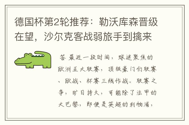 德国杯第2轮推荐:勒沃库森晋级在望,沙尔克客战弱旅手到擒来