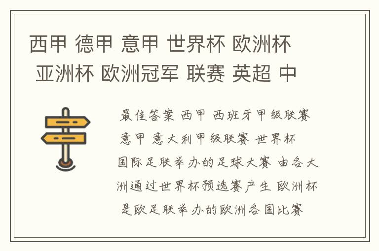 西甲 德甲 意甲 世界杯 欧洲杯 亚洲杯 欧洲冠军 联赛 英超 中超 分别是什么意思啊?