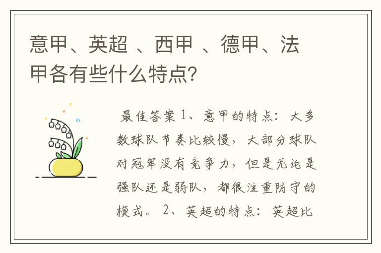 意甲、英超 、西甲 、德甲、法甲各有些什么特点?