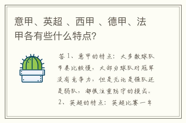 意甲、英超 、西甲 、德甲、法甲各有些什么特点?