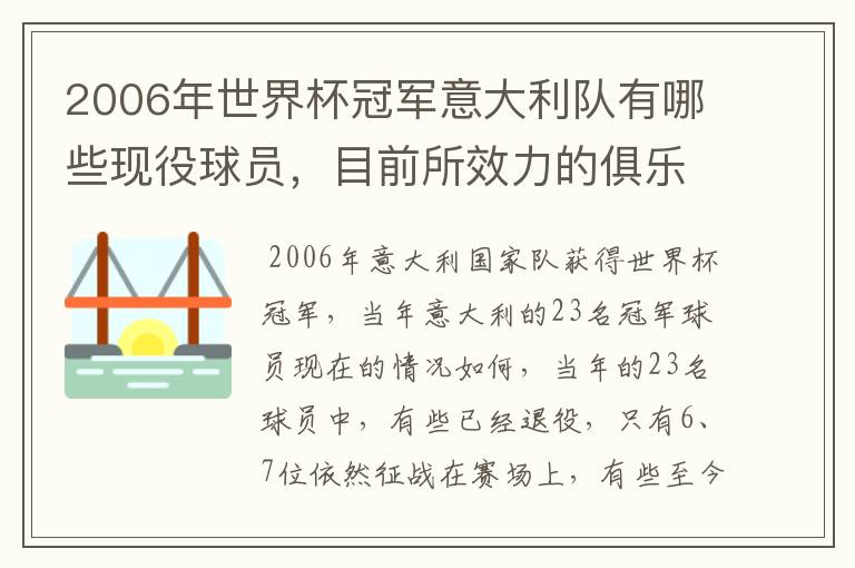 2006年世界杯冠军意大利队有哪些现役球员,目前所效力的俱乐部。