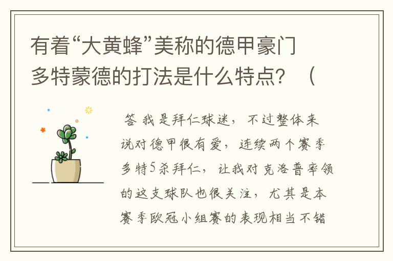有着“大黄蜂”美称的德甲豪门多特蒙德的打法是什么特点?(请多特蒙德资深球迷回答)