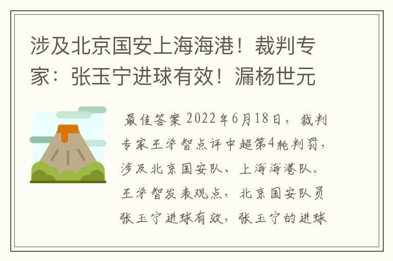 涉及北京国安上海海港!裁判专家:张玉宁进球有效!漏杨世元红牌