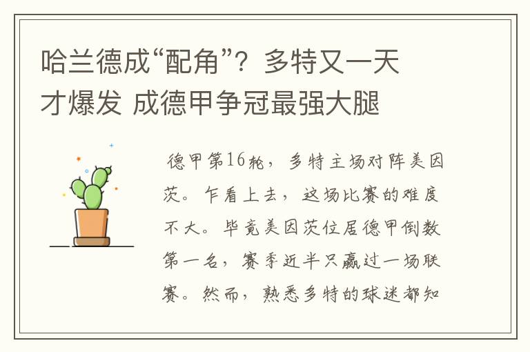 哈兰德成“配角”?多特又一天才爆发 成德甲争冠最强大腿