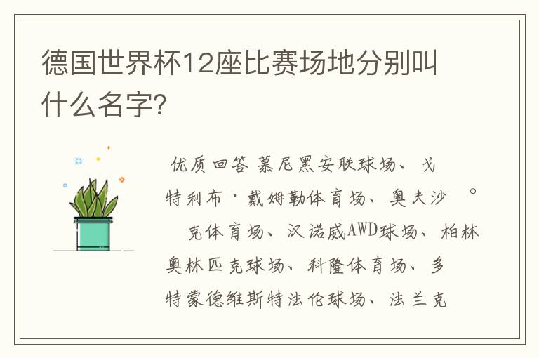 德国世界杯12座比赛场地分别叫什么名字？