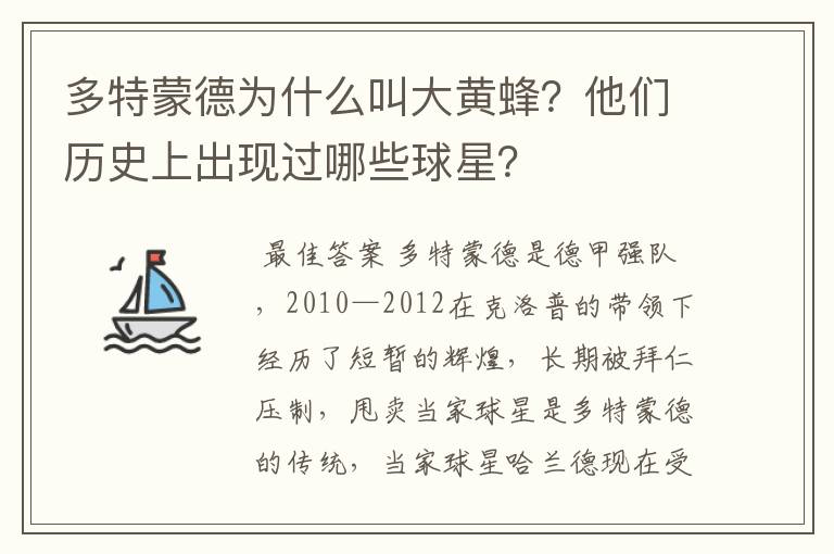 多特蒙德为什么叫大黄蜂?他们历史上出现过哪些球星?
