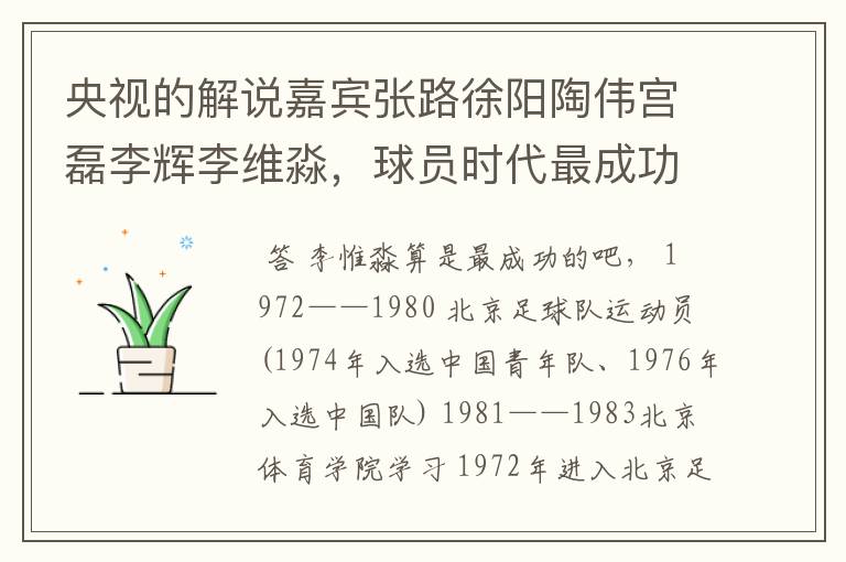 央视的解说嘉宾张路徐阳陶伟宫磊李辉李维淼,球员时代最成功的是谁?他们都是北京人吗?