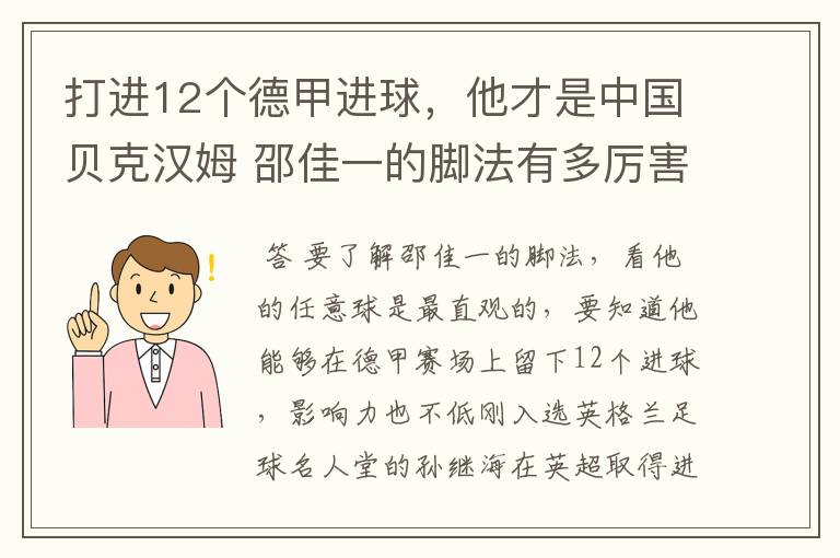 打进12个德甲进球,他才是中国贝克汉姆 邵佳一的脚法有多厉害