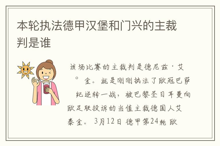 本轮执法德甲汉堡和门兴的主裁判是谁