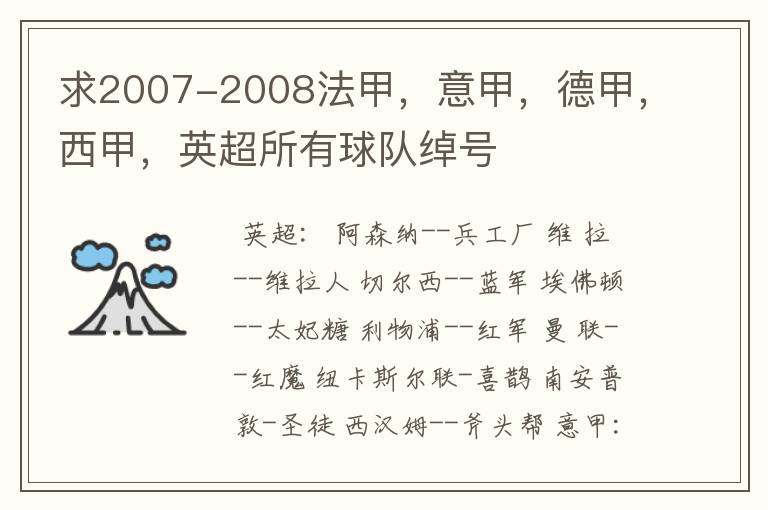 求2007-2008法甲,意甲,德甲,西甲,英超所有球队绰号