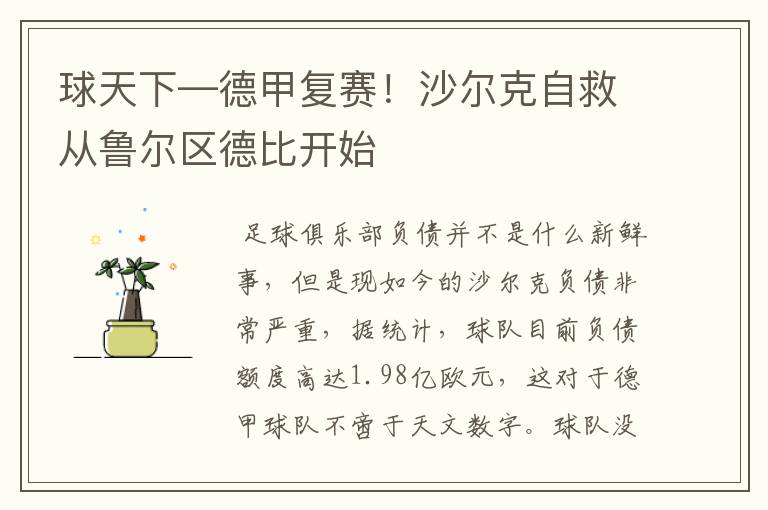 球天下—德甲复赛!沙尔克自救从鲁尔区德比开始