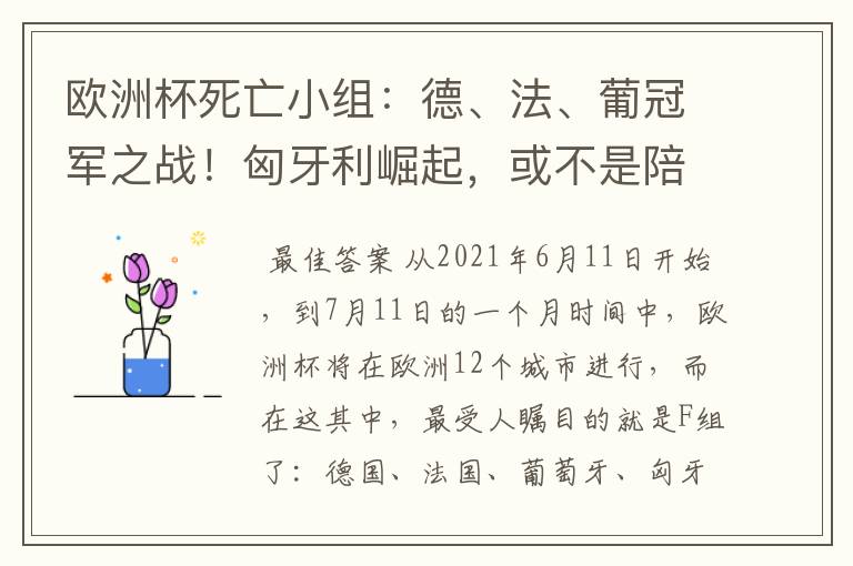 欧洲杯死亡小组:德、法、葡冠军之战!匈牙利崛起,或不是陪客