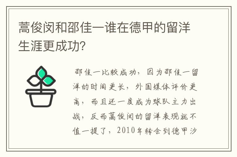 蒿俊闵和邵佳一谁在德甲的留洋生涯更成功?