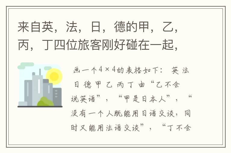 来自英,法,日,德的甲,乙,丙,丁四位旅客刚好碰在一起,他们除了懂中国语言外,每人还会说其它三国语