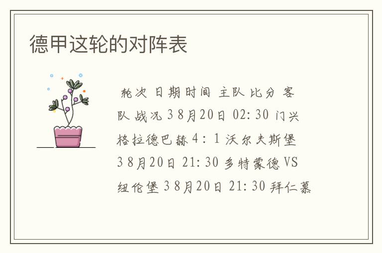 德甲这轮的对阵表