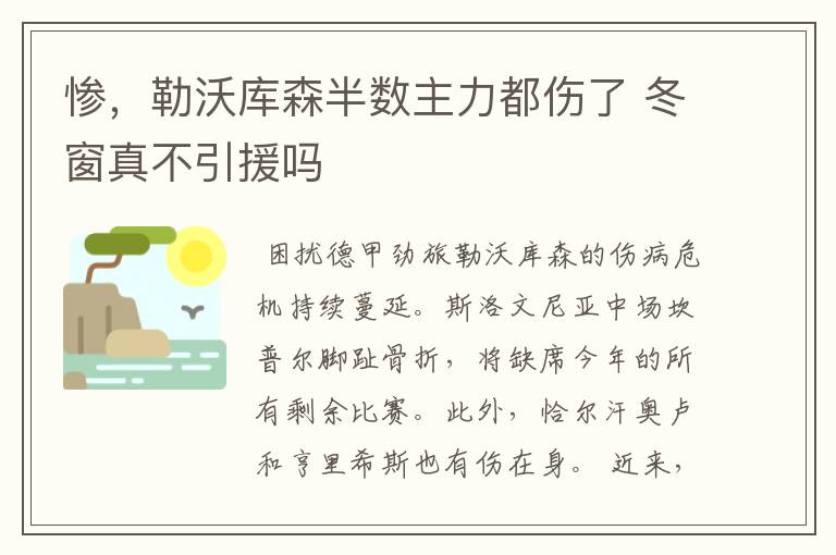 惨,勒沃库森半数主力都伤了 冬窗真不引援吗