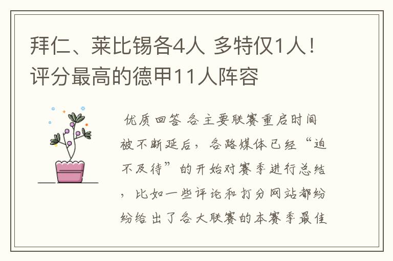 拜仁、莱比锡各4人 多特仅1人!评分最高的德甲11人阵容