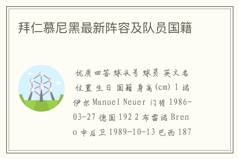 拜仁慕尼黑最新阵容及队员国籍