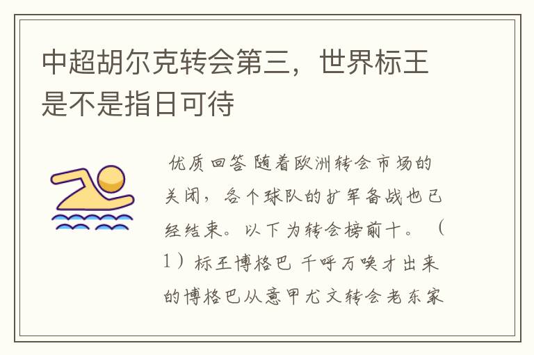 中超胡尔克转会第三,世界标王是不是指日可待