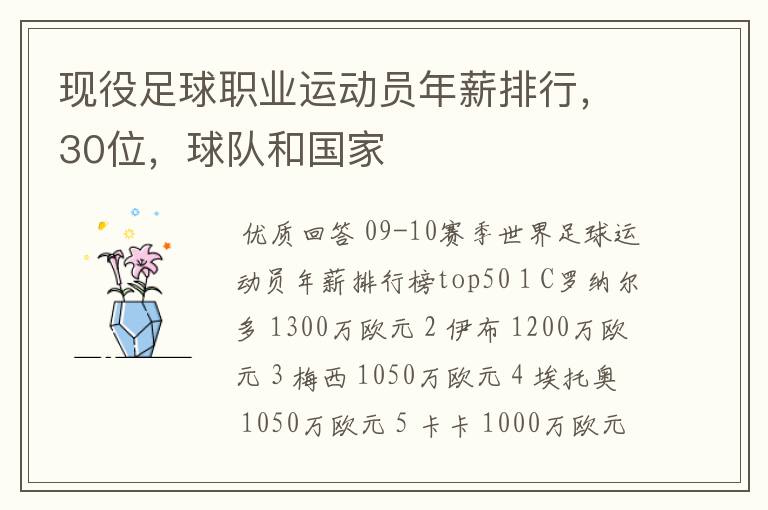 现役足球职业运动员年薪排行,30位,球队和国家