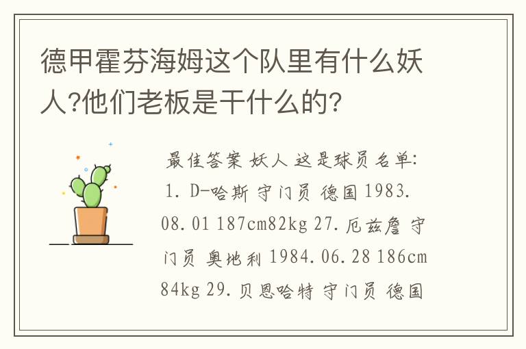 德甲霍芬海姆这个队里有什么妖人?他们老板是干什么的?