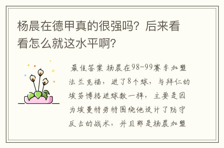 杨晨在德甲真的很强吗?后来看看怎么就这水平啊?