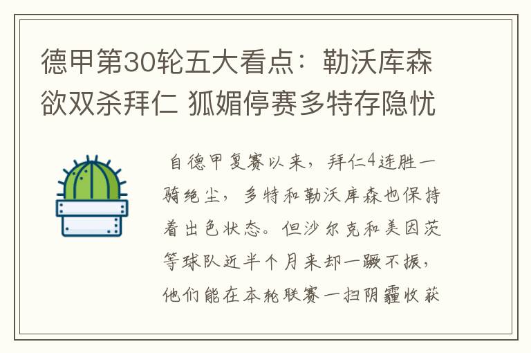 德甲第30轮五大看点:勒沃库森欲双杀拜仁 狐媚停赛多特存隐忧