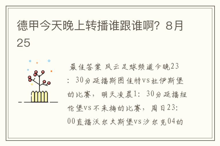 德甲今天晚上转播谁跟谁啊?8月25
