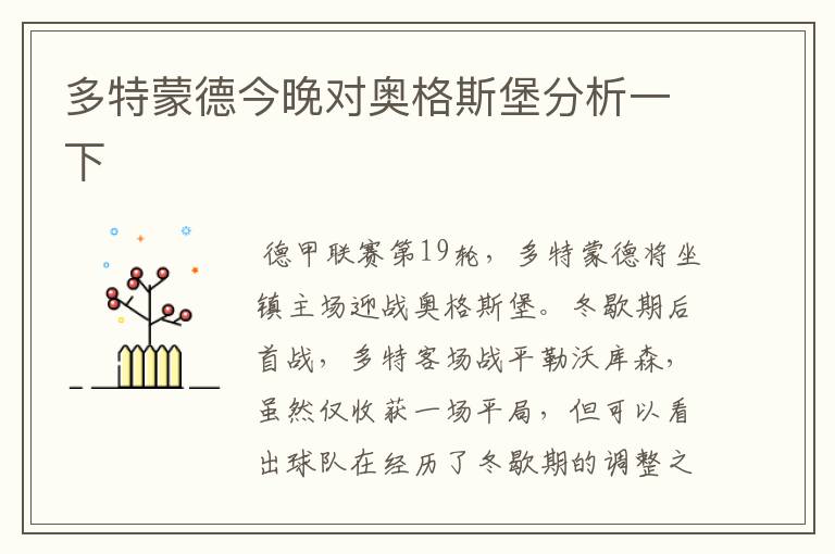 多特蒙德今晚对奥格斯堡分析一下