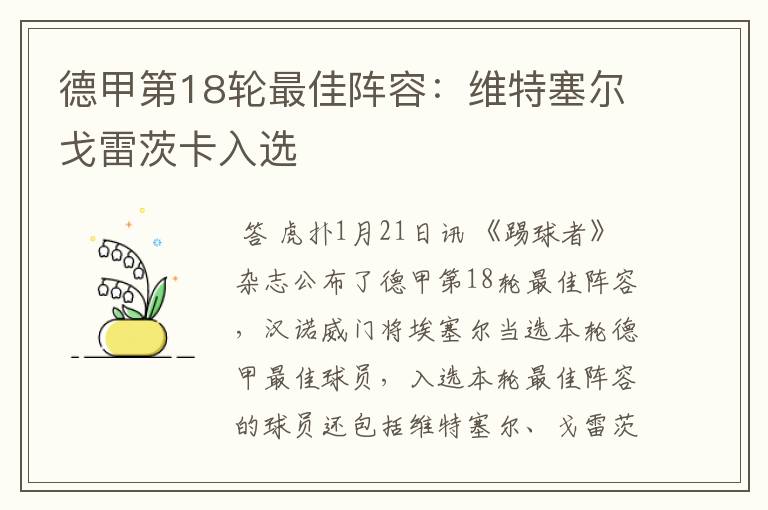 德甲第18轮最佳阵容:维特塞尔戈雷茨卡入选